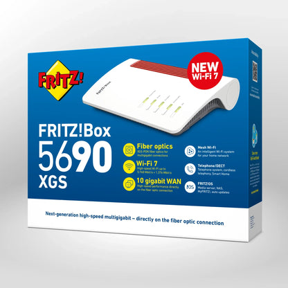 Verpackung von FRITZ!Box 5690 XGS auf grauem Hintergrund