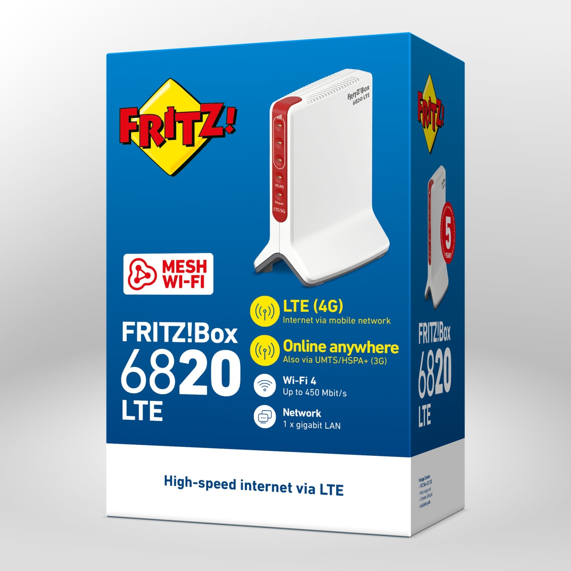 Verpackung von FRITZ!Box 6820 LTE auf grauem Hintergrund