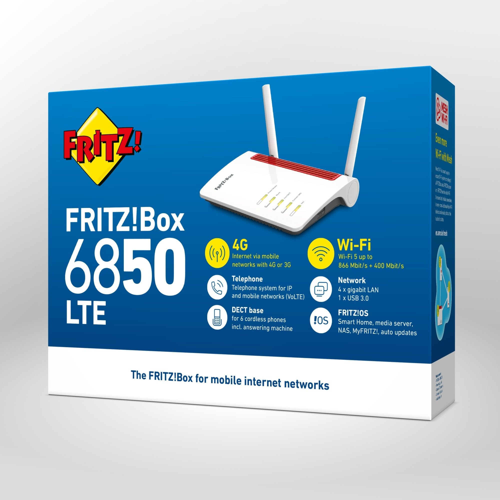 Verpackung von FRITZ!Box 6850 LTE auf grauem Hintergrund