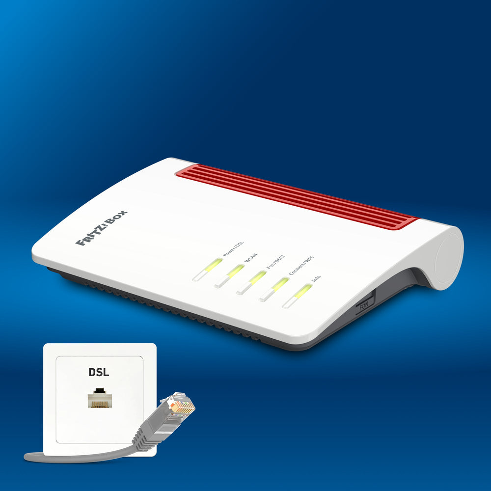 FRITZ!Box 7510 auf blauem Hintergrund mit DSL-Anschlussdose