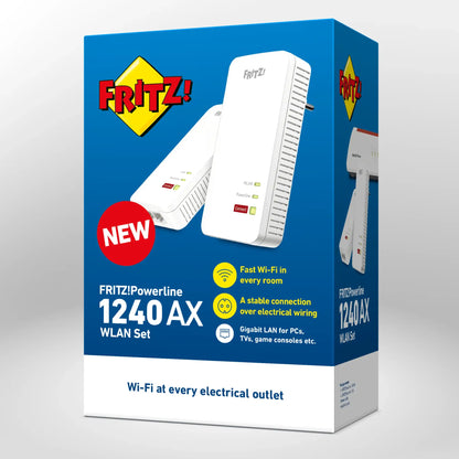Verpackung von FRITZ!Powerline 1240 AX WLAN Set auf grauem Hintergrund