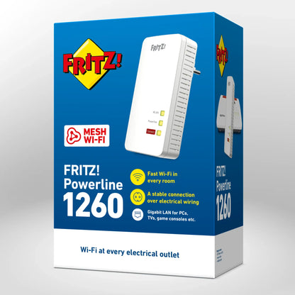 Verpackung von FRITZ!Powerline 1260 auf grauem Hintergrund