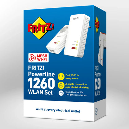 Verpackung von FRITZ!Powerline 1260 WLAN Set auf grauem Hintergrund