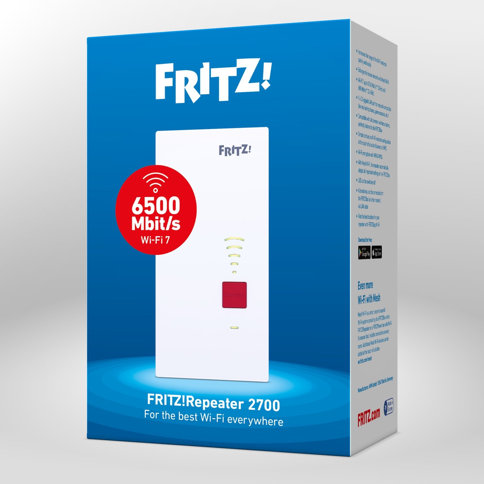 Verpackung von FRITZ!Repeater 2700 auf grauem Hintergrund