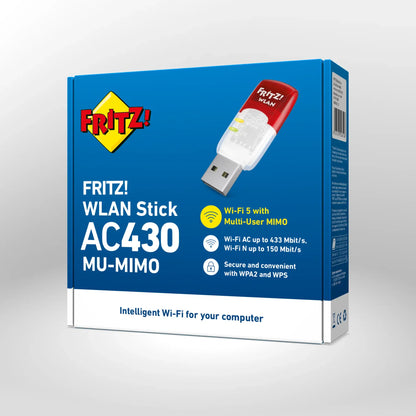 Verpackung von FRITZ! WLAN Stick AC 430 MU-MIMO auf grauem Hintergrund